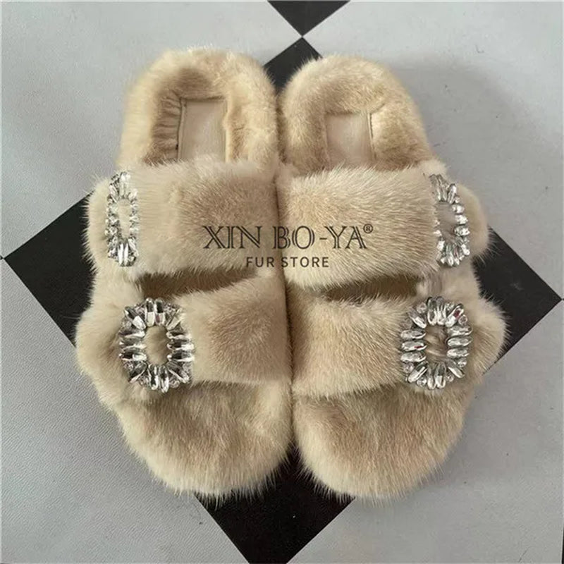 Luxury Women's Winter Fur Slippers 2024 - Real Mink Flat Indoor Footwear