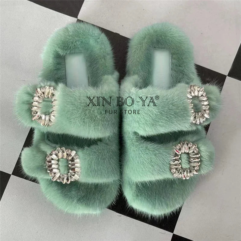 Luxury Women's Winter Fur Slippers 2024 - Real Mink Flat Indoor Footwear