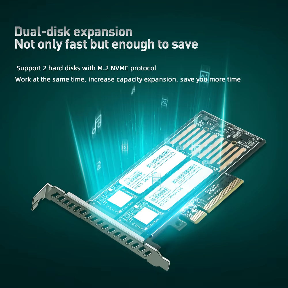 M.2 NVMe to PCIe Riser Adapter Card for Dual-Disk Interface, Gen 3, 32 Gbps Expansion for 2230/2242/2260/2280 SSDs