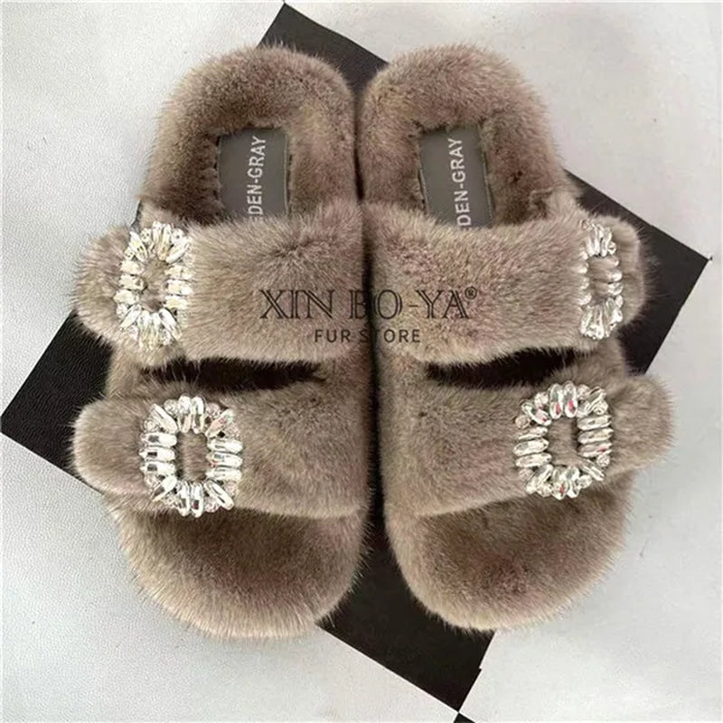 Luxury Women's Winter Fur Slippers 2024 - Real Mink Flat Indoor Footwear