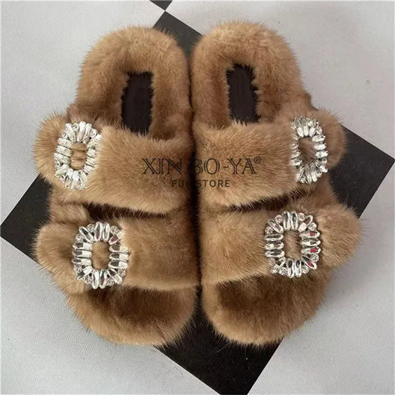 Luxury Women's Winter Fur Slippers 2024 - Real Mink Flat Indoor Footwear