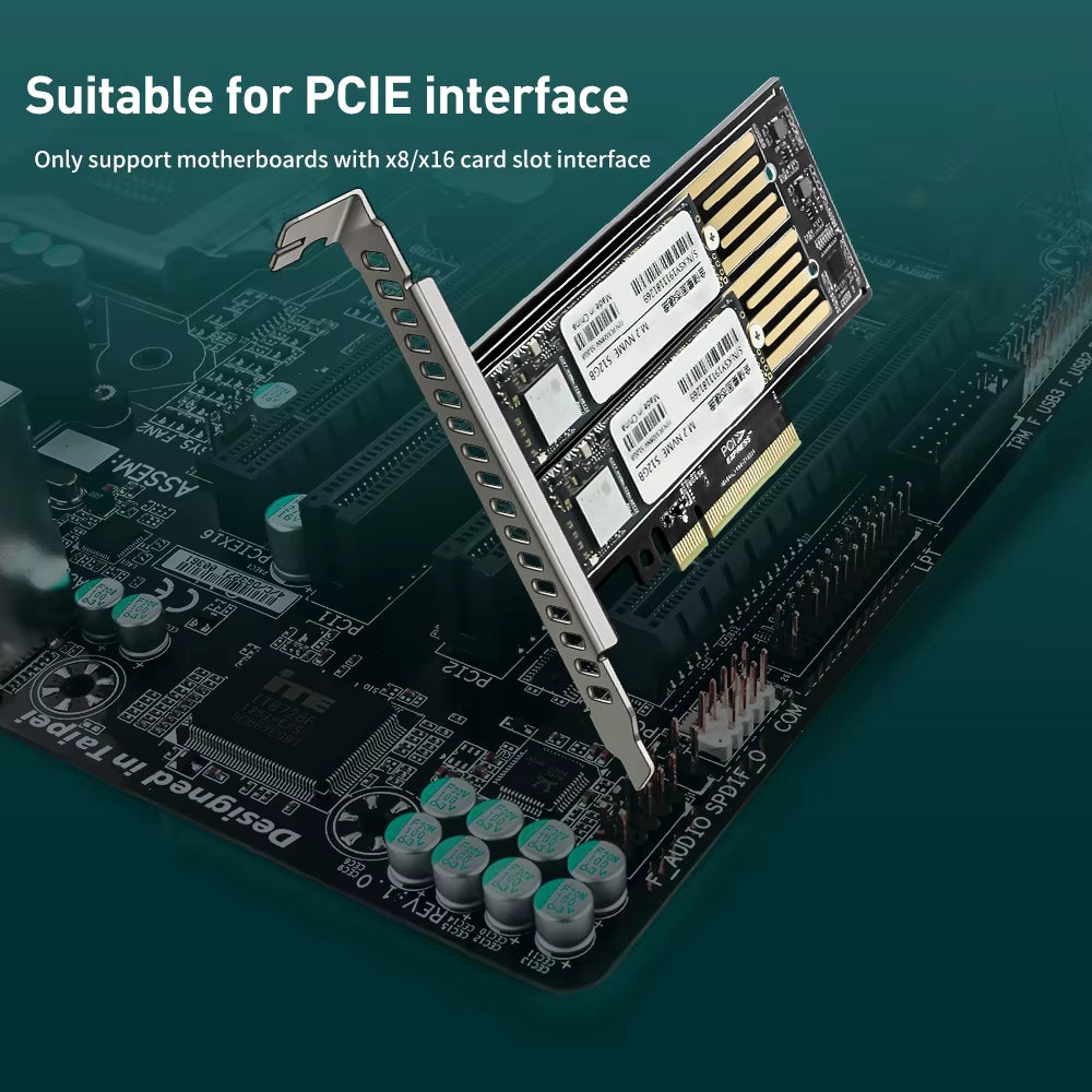 M.2 NVMe to PCIe Riser Adapter Card for Dual-Disk Interface, Gen 3, 32 Gbps Expansion for 2230/2242/2260/2280 SSDs