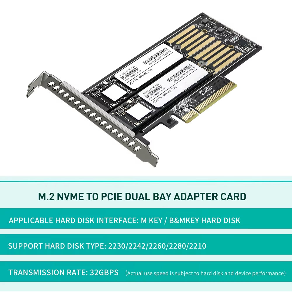 M.2 NVMe to PCIe Riser Adapter Card for Dual-Disk Interface, Gen 3, 32 Gbps Expansion for 2230/2242/2260/2280 SSDs