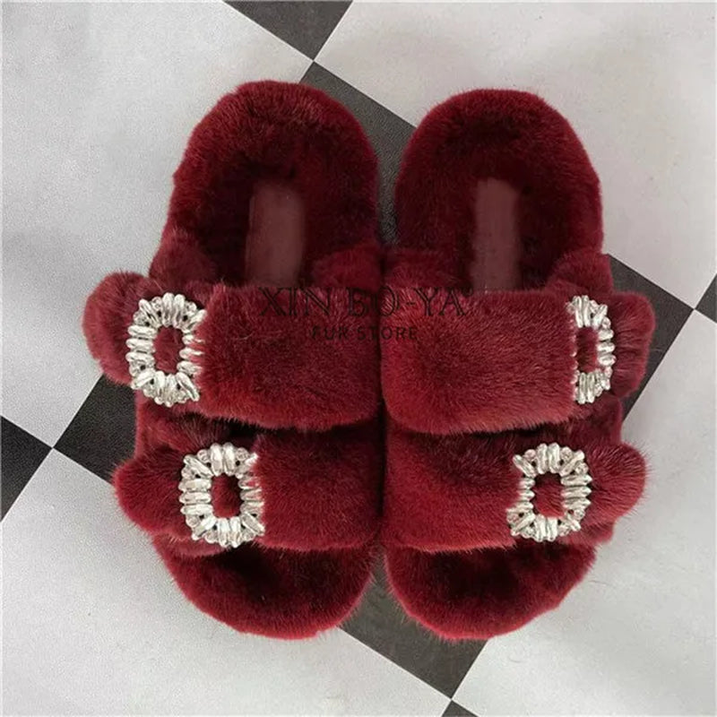 Luxury Women's Winter Fur Slippers 2024 - Real Mink Flat Indoor Footwear
