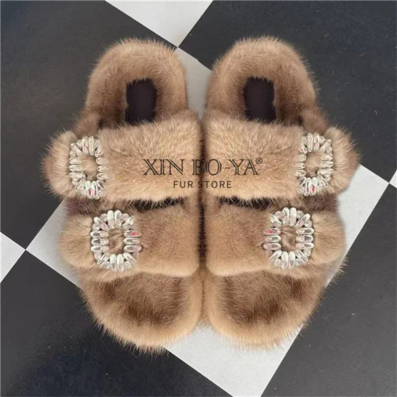 Luxury Women's Winter Fur Slippers 2024 - Real Mink Flat Indoor Footwear