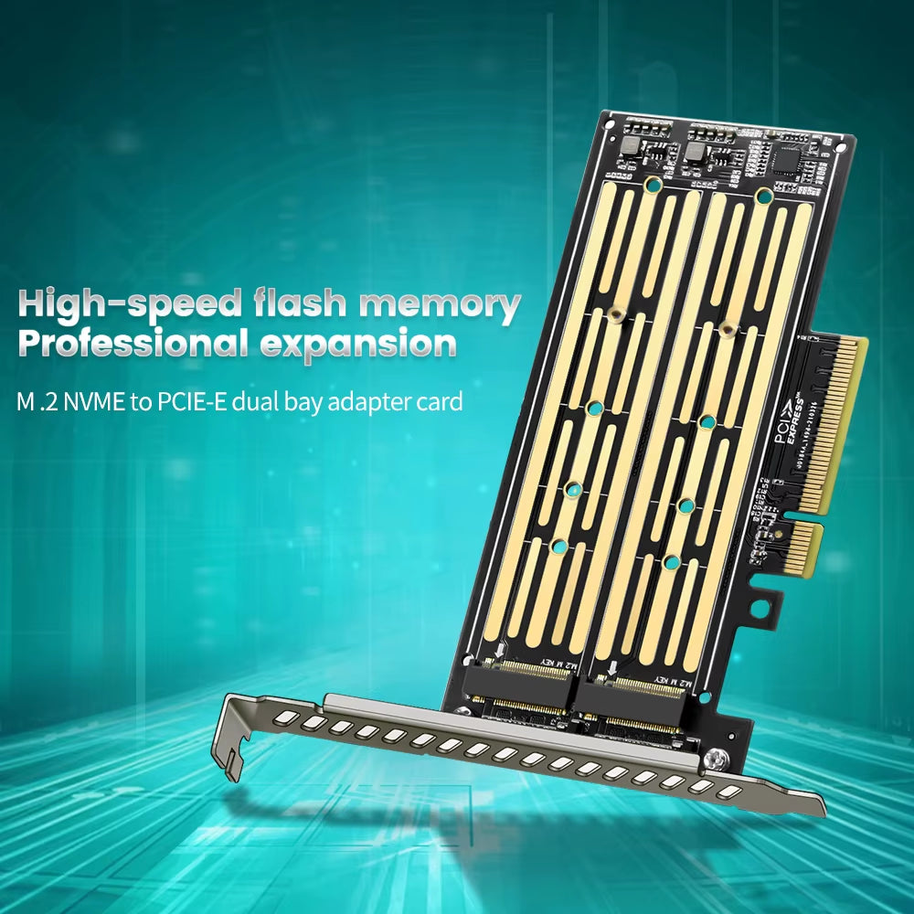 M.2 NVMe to PCIe Riser Adapter Card for Dual-Disk Interface, Gen 3, 32 Gbps Expansion for 2230/2242/2260/2280 SSDs
