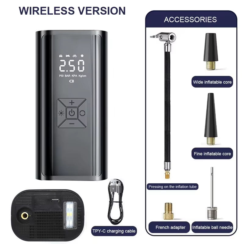 Wireless Electric Air Compressor for Tires - Portable Inflator Pump for Motorcycles, Bicycles, Boats, and Sports Balls