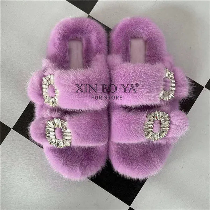 Luxury Women's Winter Fur Slippers 2024 - Real Mink Flat Indoor Footwear