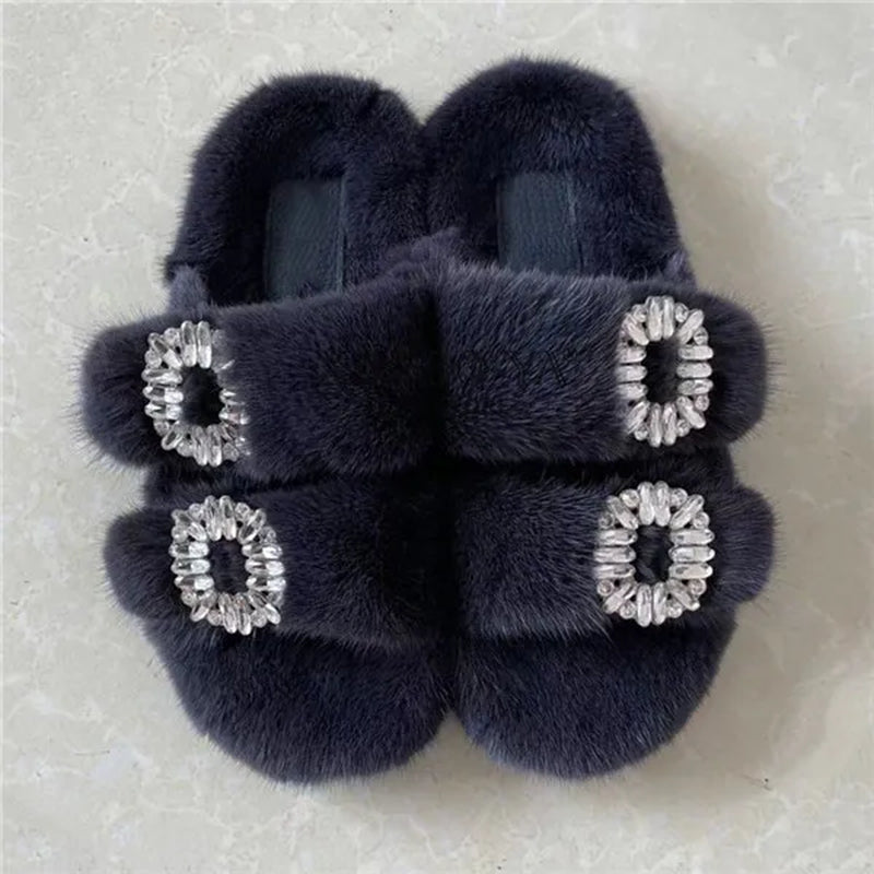 Luxury Women's Winter Fur Slippers 2024 - Real Mink Flat Indoor Footwear