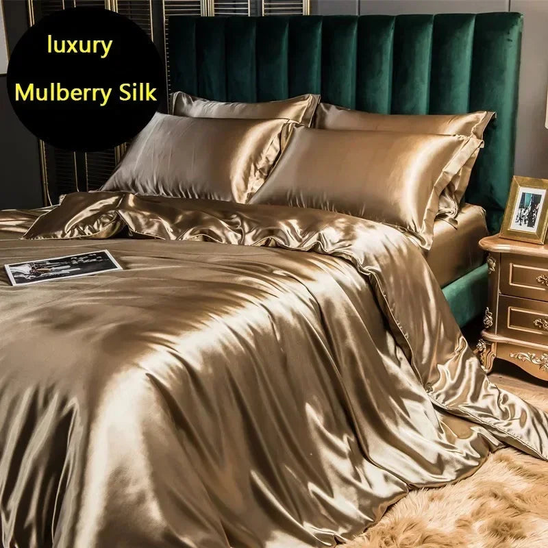 Luxury Mulberry Silk Bedding Set - High-End Queen Size Duvet Cover and Fitted Sheet for King Beds